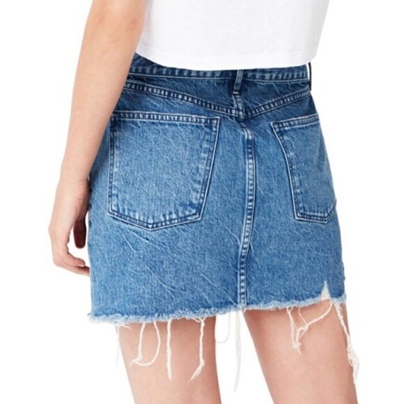 3x1 NYC Celine Denim Mini Skirt 0 Distressed Italian A-Line Gloss Blue Spring - Picture 11 of 13